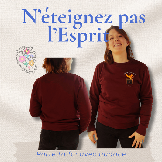 sweat chrétien en coton bio – Flamme du Saint-Esprit & 1 Thessaloniciens 5:19 Semeur de foi