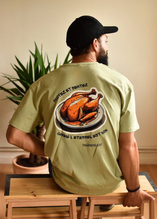 T-shirt chrétien oversize – Psaumes 34:9 “Poulet”