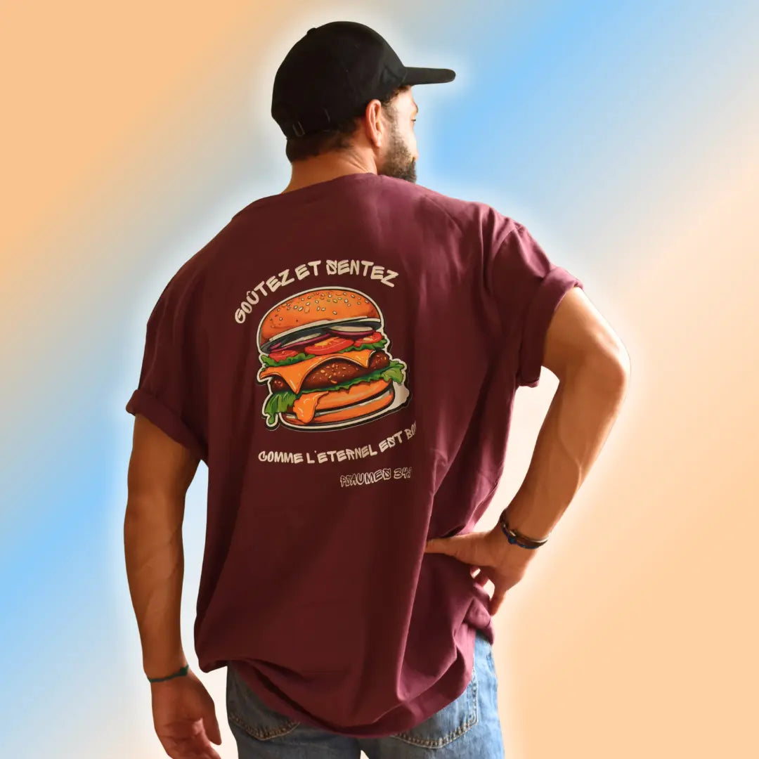 T-shirt chrétien oversize – Psaumes 34:9 “Burger” Ma boutique